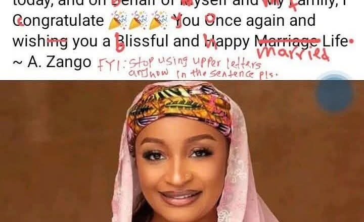 Wani Matshi Masanin Ilmin Turanci, Sule Ya’u Tariwa Ya Yi Wa Turancin Adam A. Zango Kaca-Kaca Wanda Ya Rubuta A Matsayin Taya Rahama Sadau Murnar Auren Da Ta Yi